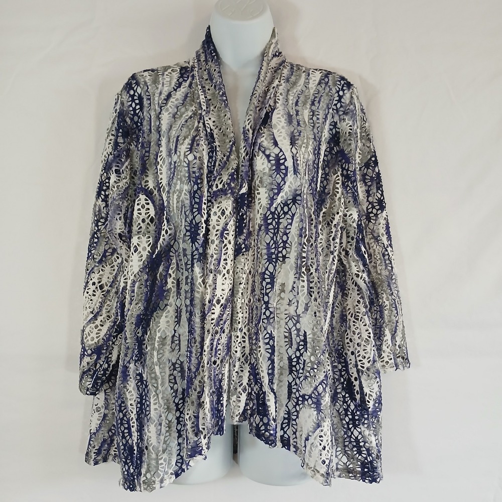 travelers collection by‎ chicos Cardigan Blue White Open Knit Sz 3
